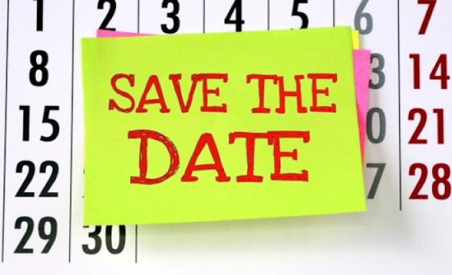 calendar with green post it note that says "save the date"